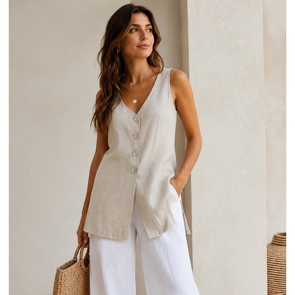 Whitewash Linen Long Vest Sleeveless Button Front Beige Women's Medium Neutral